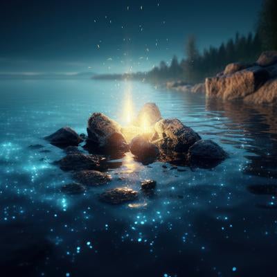 湖面に浮かび上がる光と弾ける灯火の写真