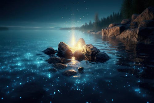 湖面に浮かび上がる光と弾ける灯火の写真