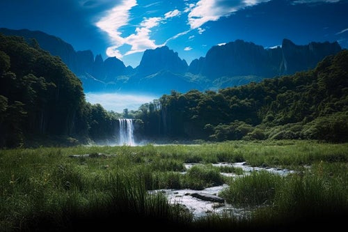 熱帯の楽園と湿原の滝の写真