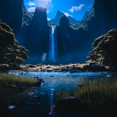 無人島の滝から流れる自然の美の写真