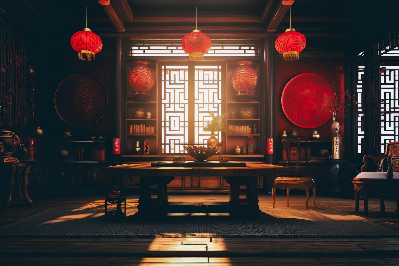 「伝統的な中国風デザインの部屋」の写真