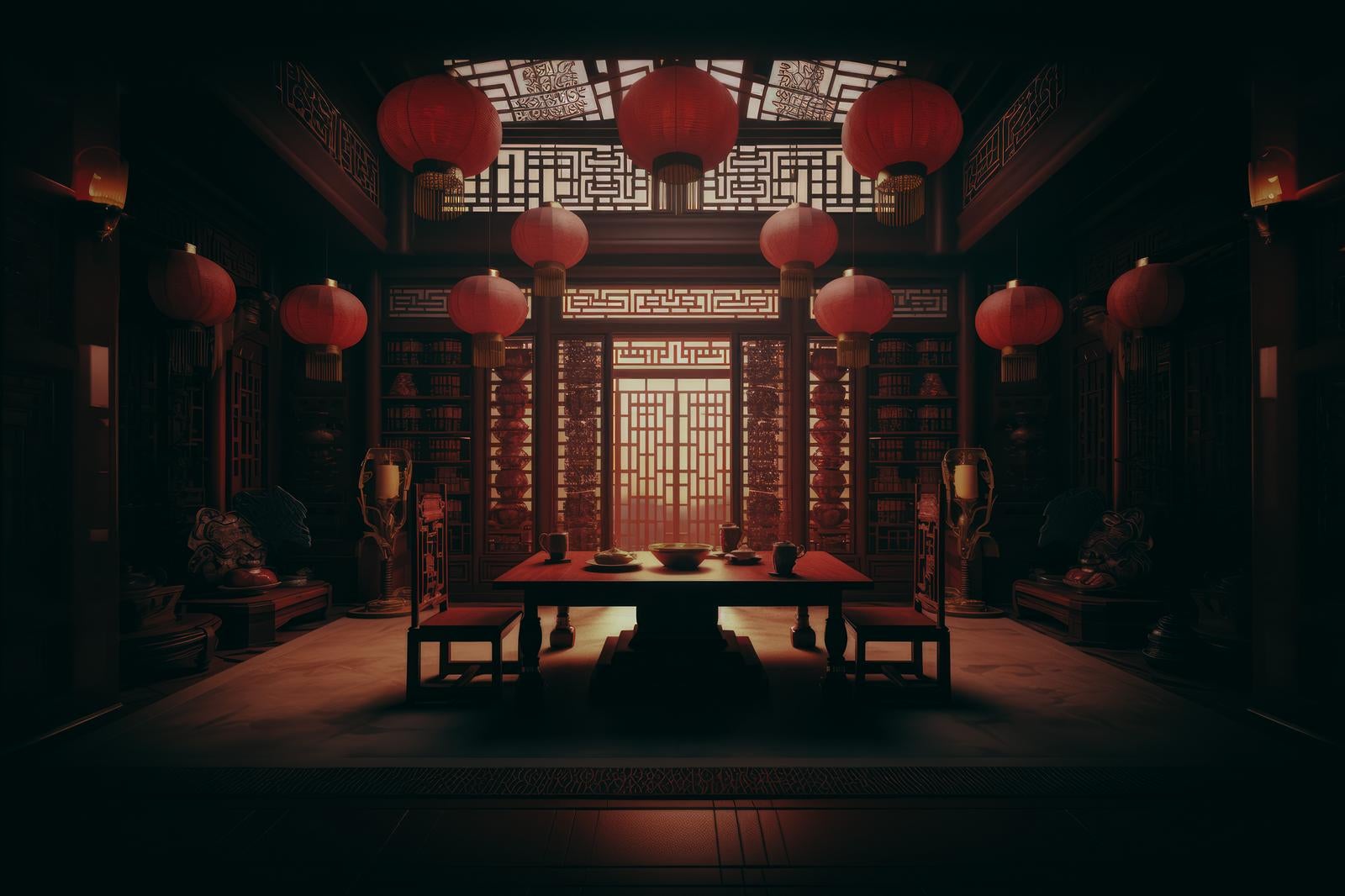 「中華風の提灯が飾られる部屋」の写真