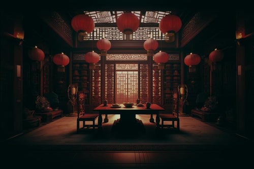 中華風の提灯が飾られる部屋の写真