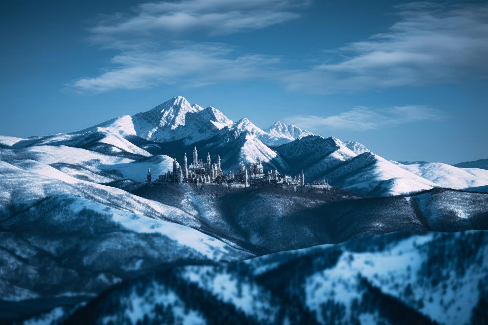 「雪山に覆われた城」の写真