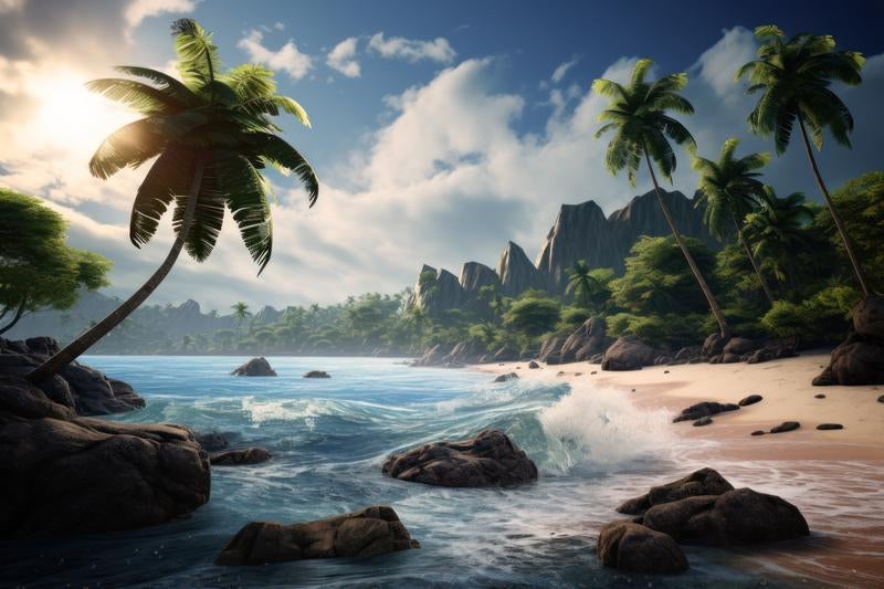 ジャングルに囲まれた島と海岸の写真