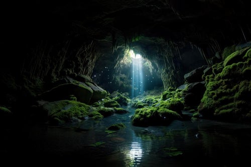 鍾乳洞の水源と洞窟の中に息づく古代自然の写真
