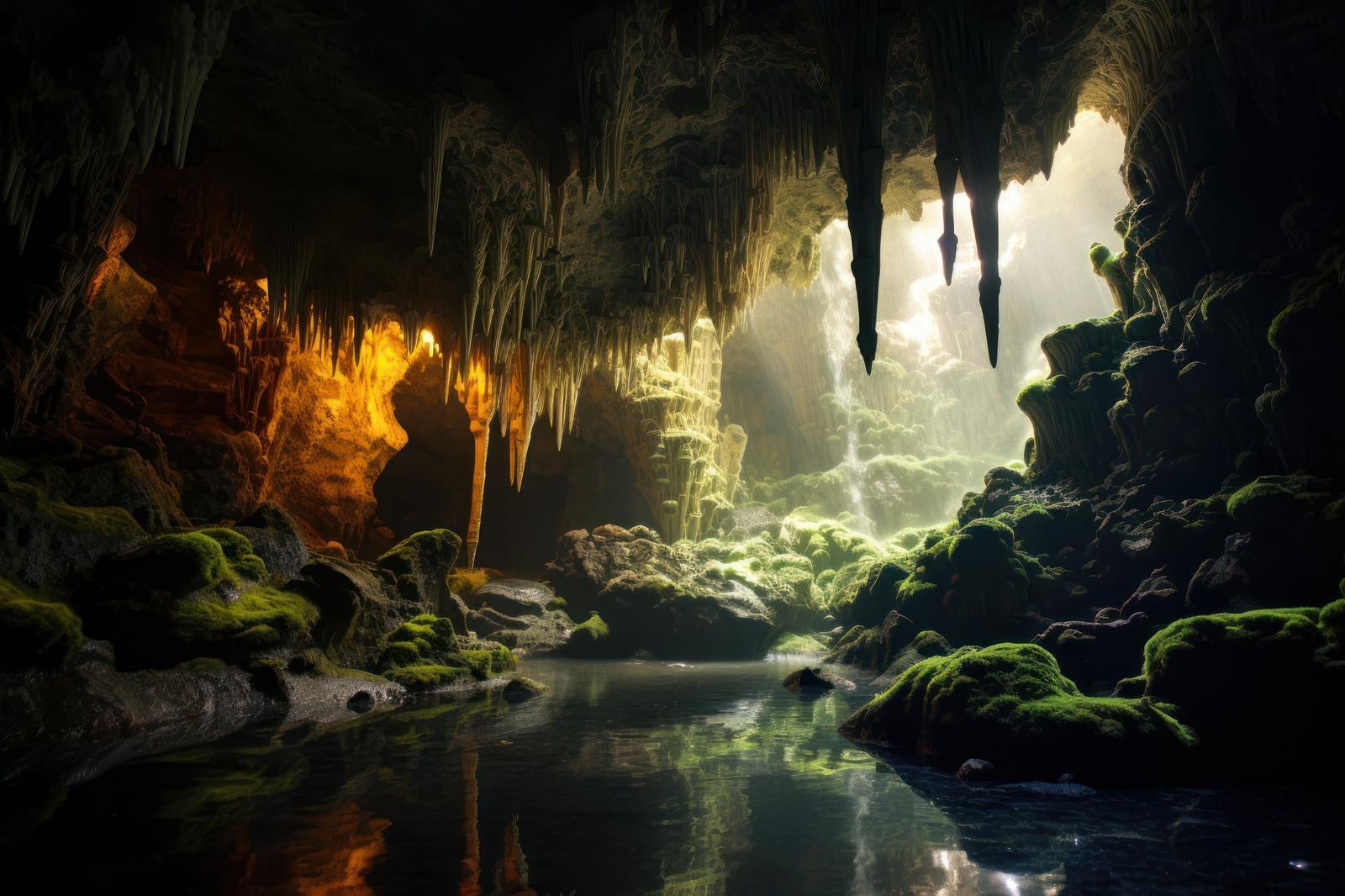 「地下世界の鍾乳洞と水源の風景写真」の写真