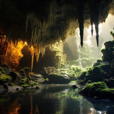 地下世界の鍾乳洞と水源の風景写真の写真