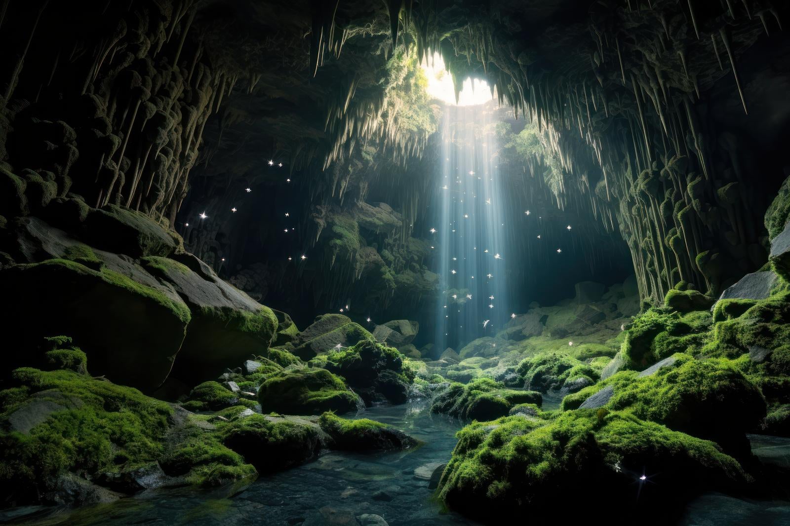 「水脈の鍾乳洞 天使の梯子と地下世界の風景」の写真