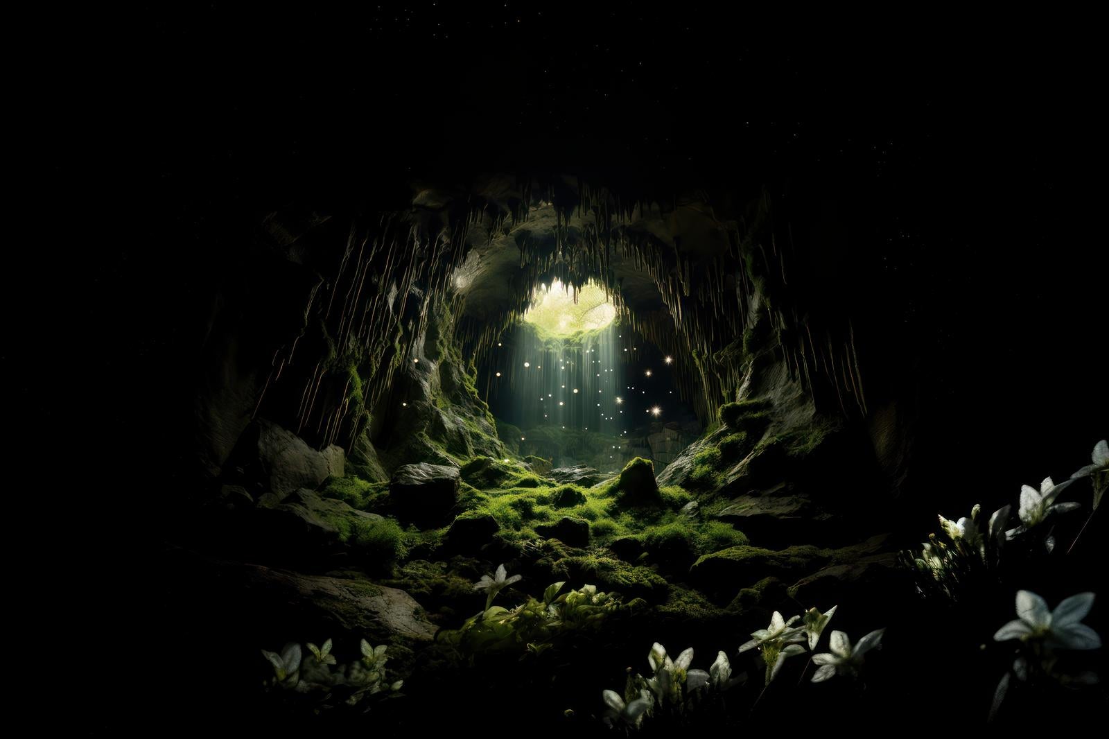 「苔生す洞窟と鍾乳洞の息吹」の写真