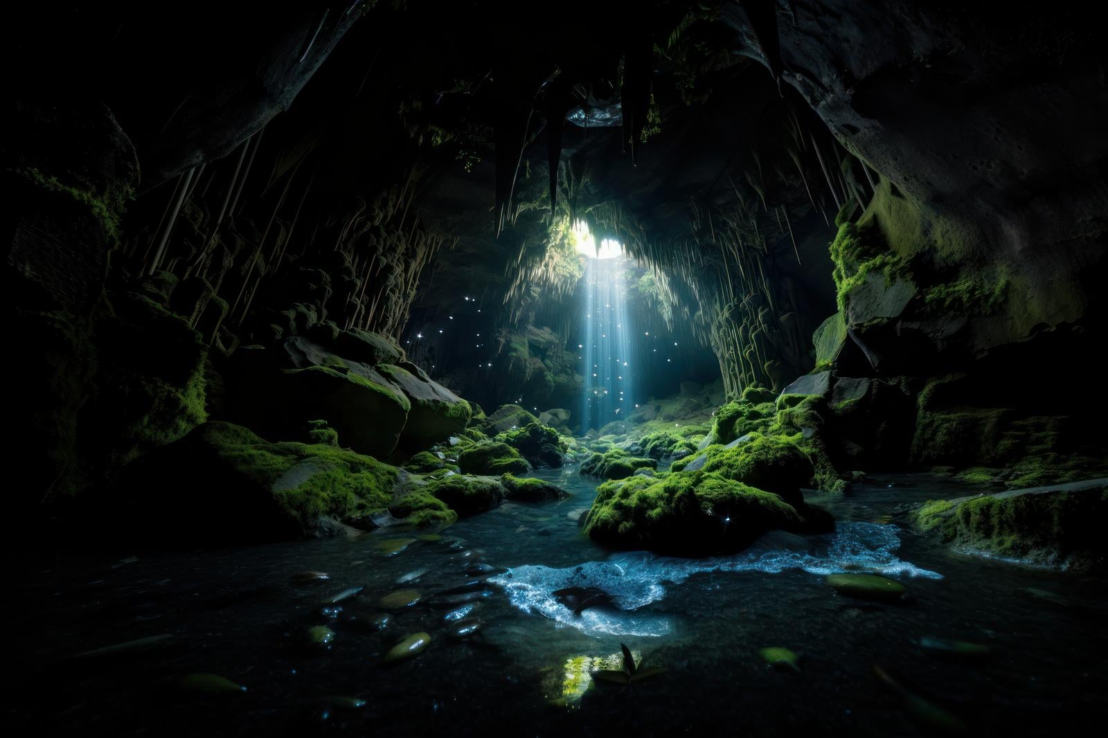 「苔生す洞窟と鍾乳洞の風景」の写真