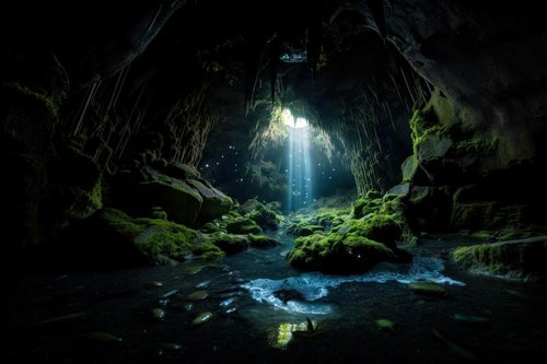 苔生す洞窟と鍾乳洞の風景の写真