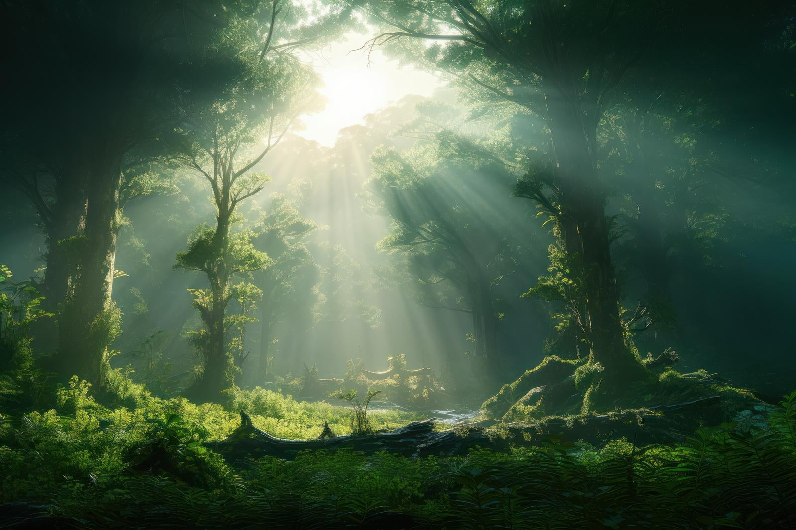 「薄明光線の舞 森林が呼吸する静寂な朝」の写真
