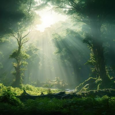 薄明光線の舞 森林が呼吸する静寂な朝の写真