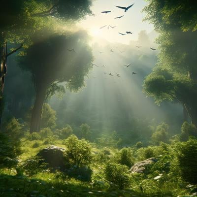 森林の中の翼 鳥と共に踊る光芒の語りの写真