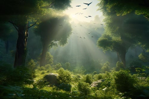 森林の中の翼 鳥と共に踊る光芒の語りの写真