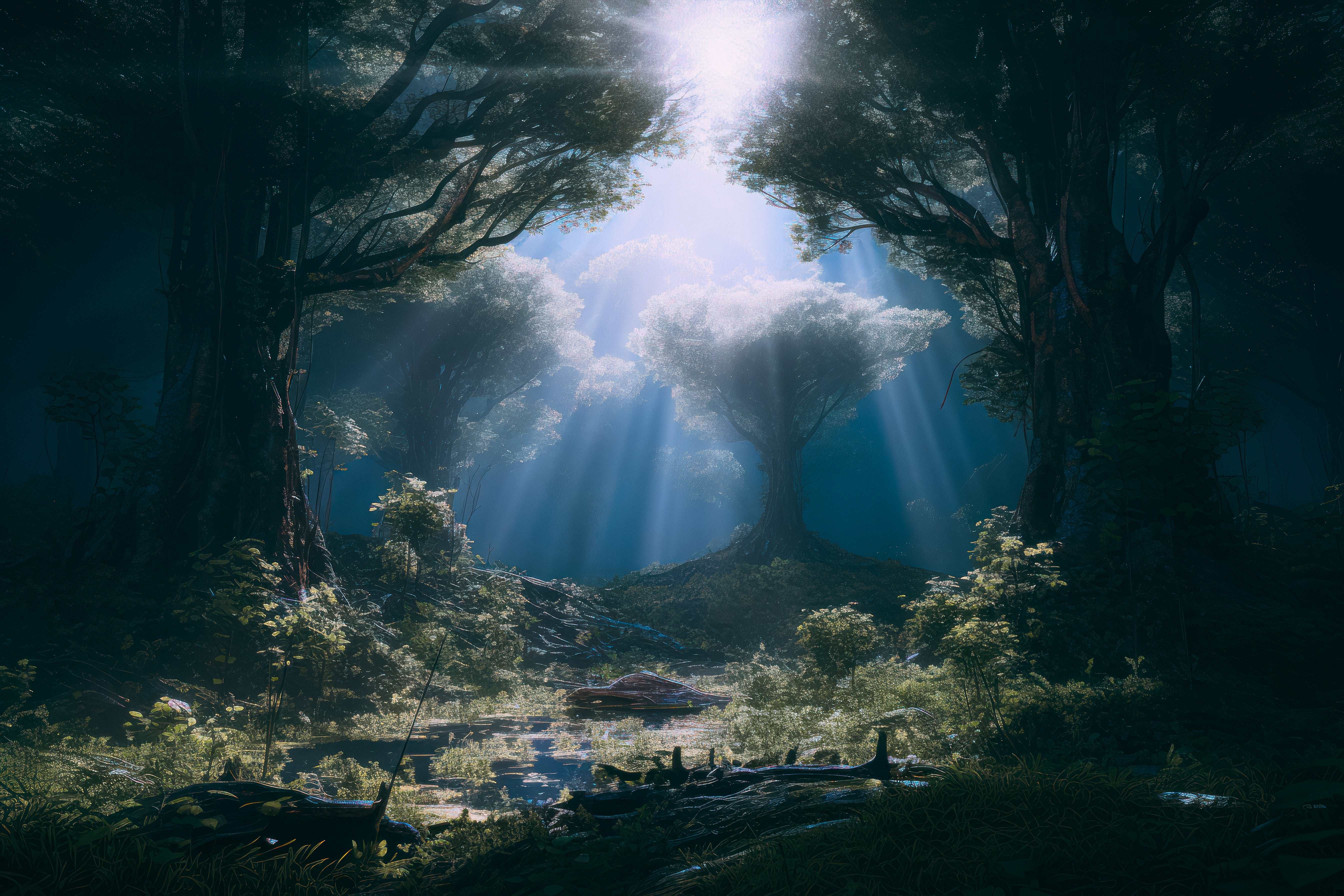 森の中の光のハーモニー 木漏れ日の交錯の無料AI画像素材 - ID.88384 