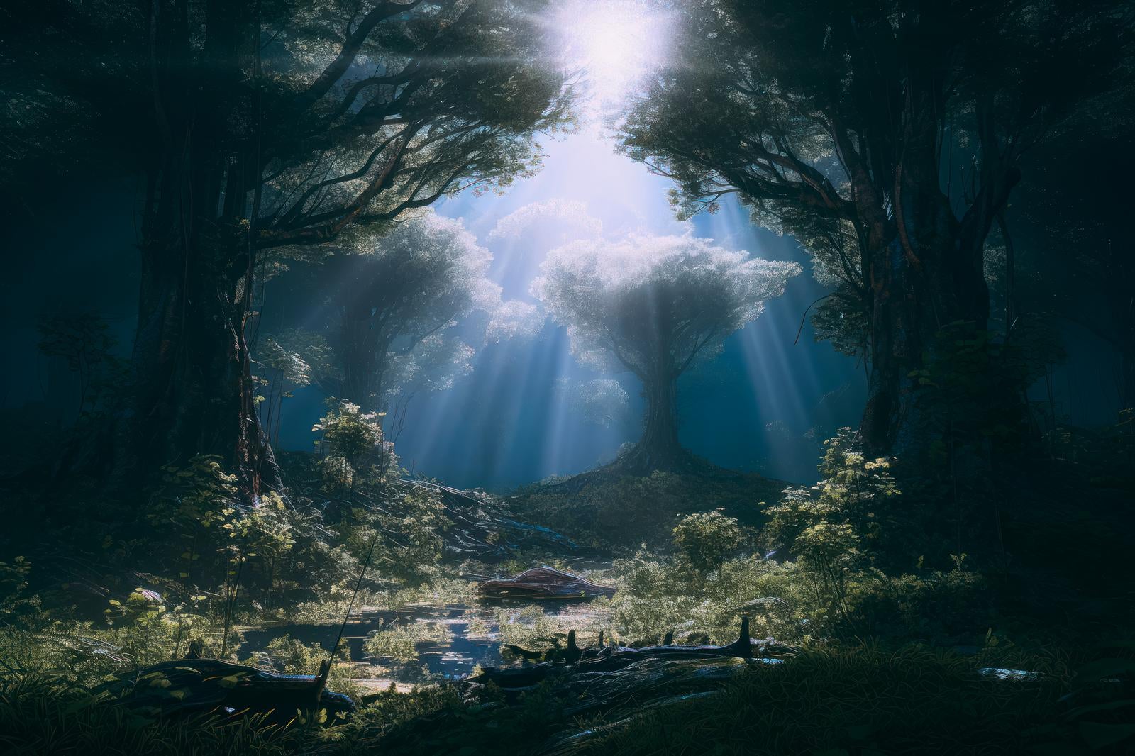 「森の中の光のハーモニー 木漏れ日の交錯」の写真