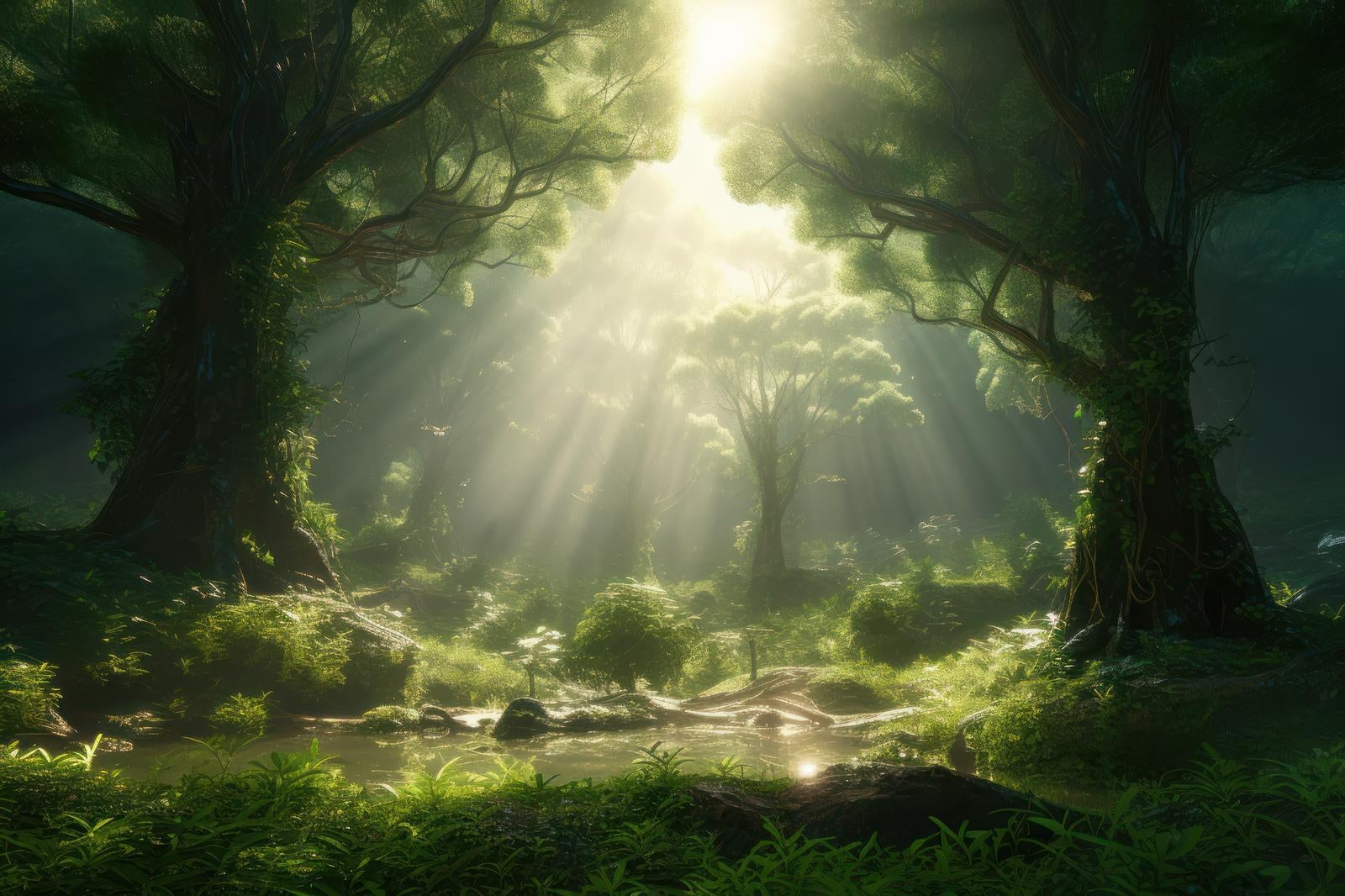 「森林の中の朝日 静寂から始まる新しい一日」の写真