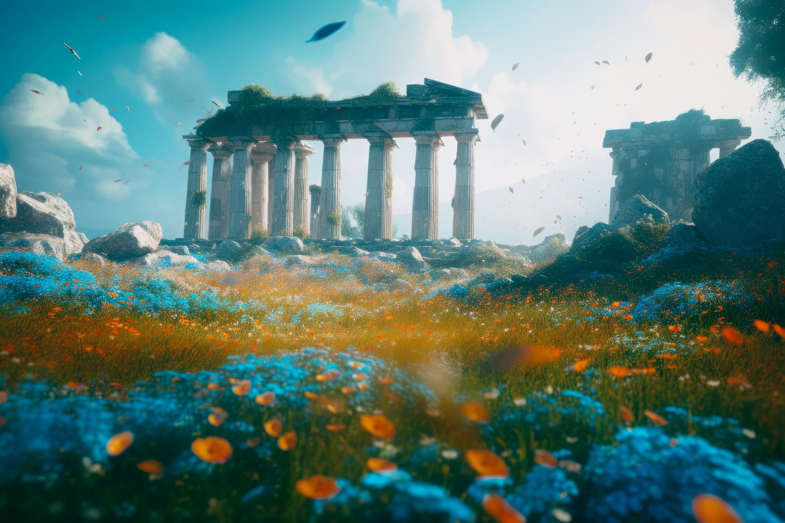 「古代遺跡の探求 青い草花、神殿、神話の謎を解く」の写真