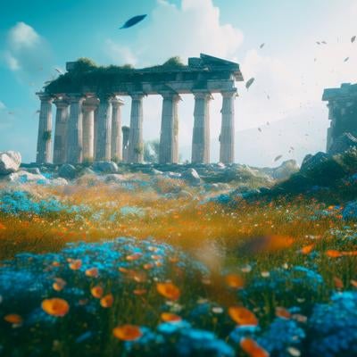 古代遺跡の探求 青い草花、神殿、神話の謎を解くの写真