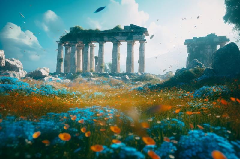 古代遺跡の探求 青い草花、神殿、神話の謎を解くの写真