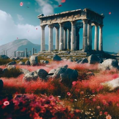 神殿と神話 赤い草花の中の古代遺跡の写真