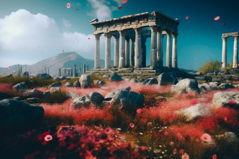 神殿と神話 赤い草花の中の古代遺跡の写真