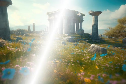 光芒の中の古代文明 神殿と神話の遺跡の写真