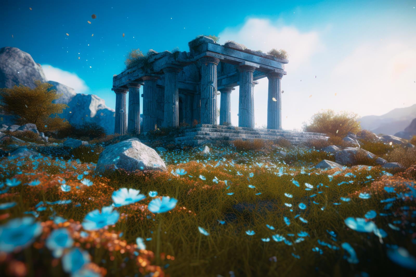 「舞う葉と青いコスモス 神殿と古代遺跡の探求」の写真