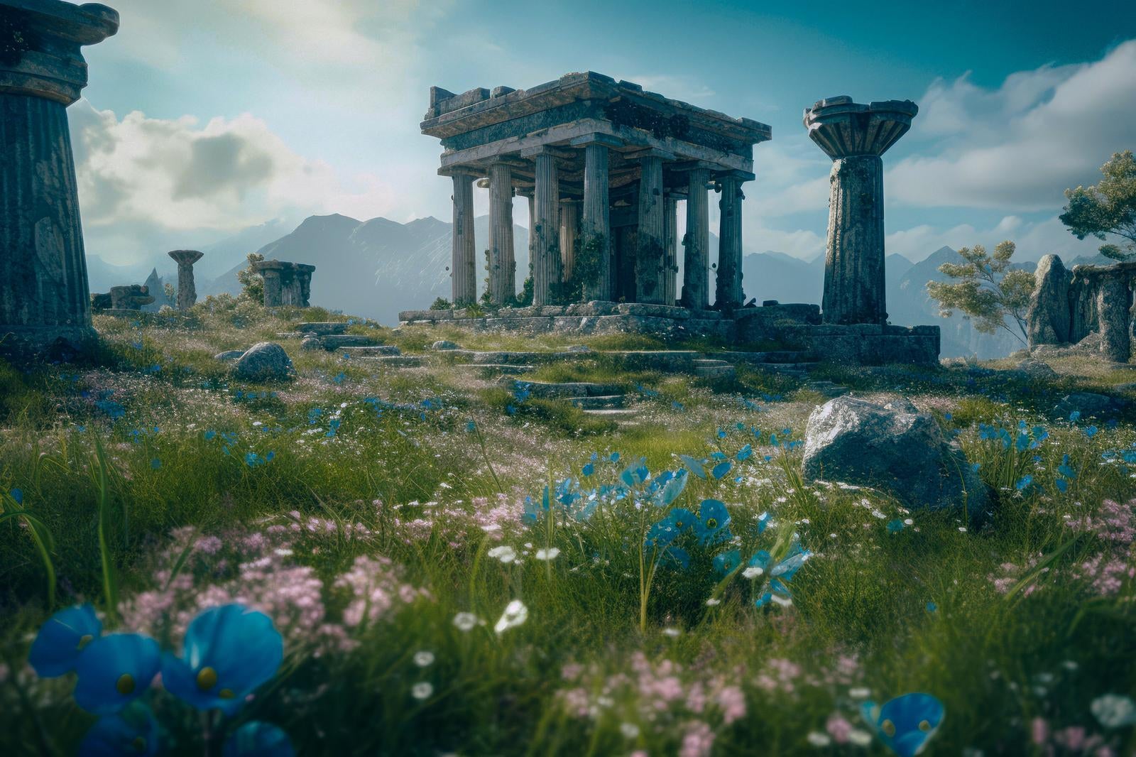 「青いコスモスと古代文明 世界遺産の風景」の写真
