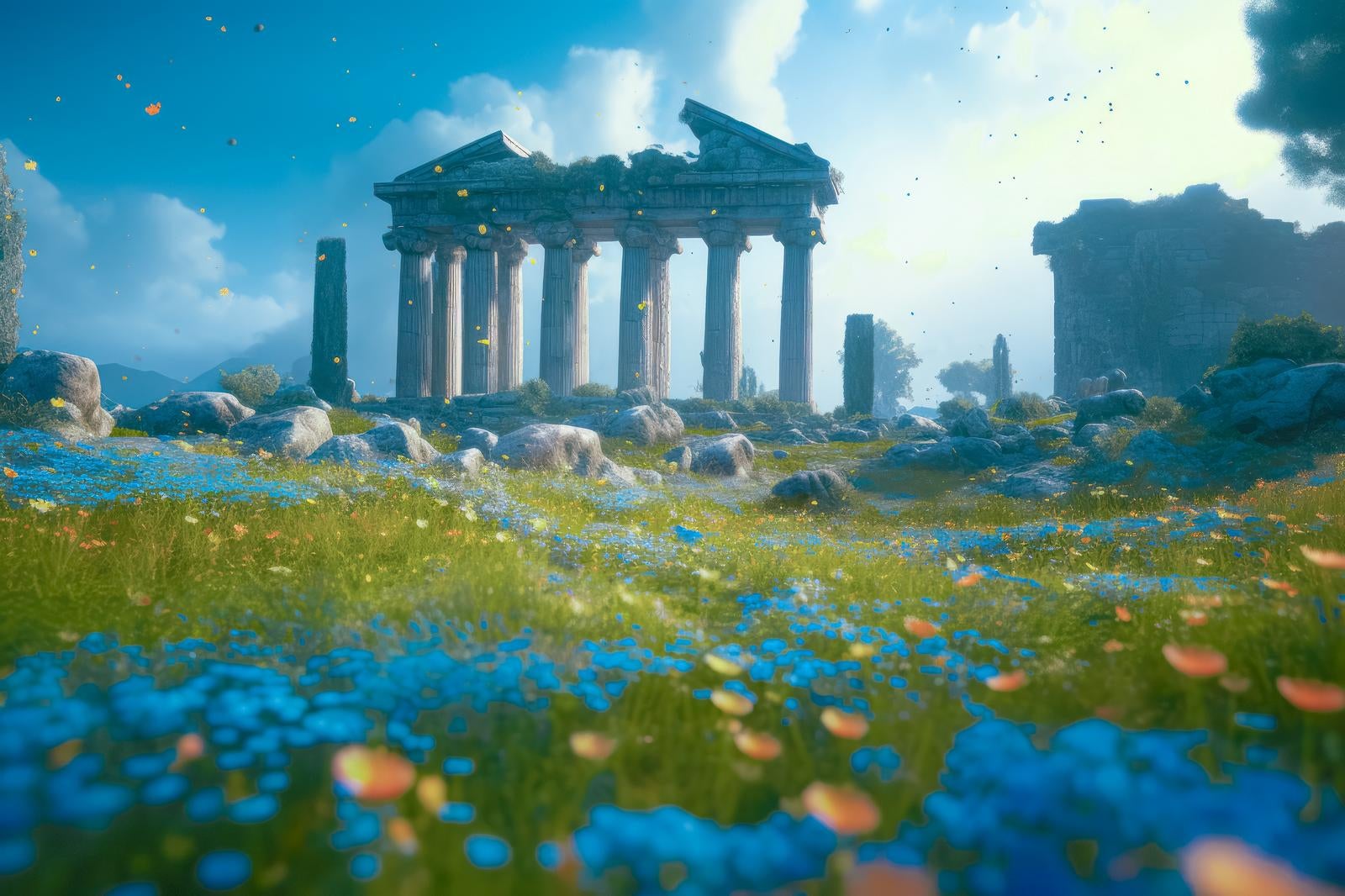「神殿と遺跡 舞う葉と青い草花の美しい風景」の写真