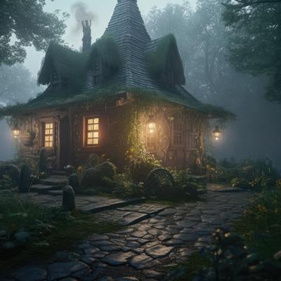 霧の中の森の家の写真