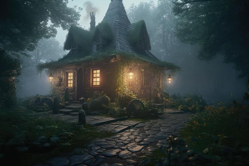 霧の中の森の家の写真