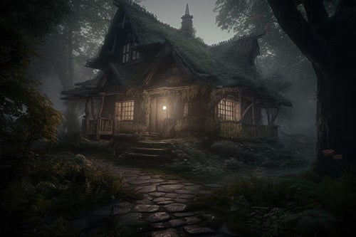 山の家の一夜、霧と灯りの中での写真