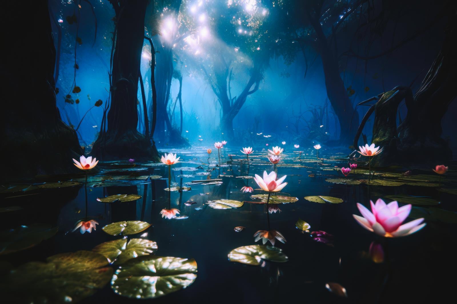 「静寂の湿地帯、蓮の花に注ぐ木漏れ日」の写真