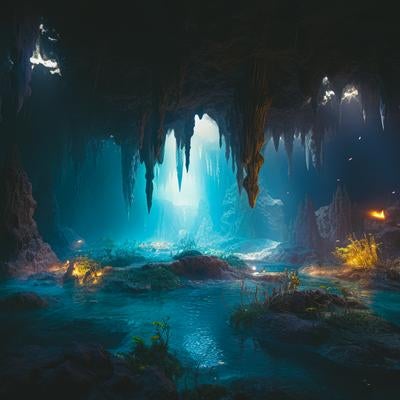 青白い光の中で洞窟の水源の神秘の写真