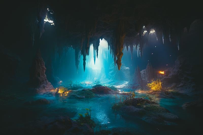 青白い光の中で洞窟の水源の神秘の写真