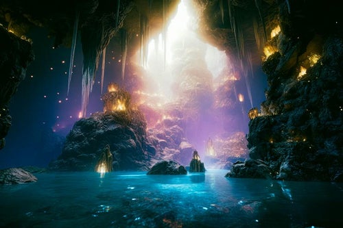 地底の輝き、深い洞窟の奥地と青白い水源の写真