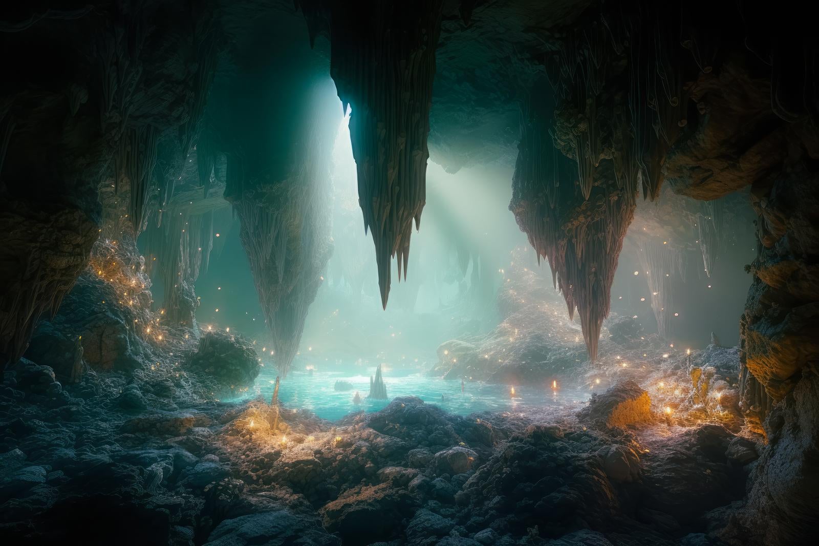 「洞窟の青白い光と水源の神秘を探る」の写真