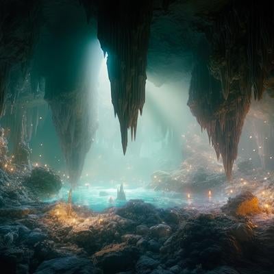 洞窟の青白い光と水源の神秘を探るの写真