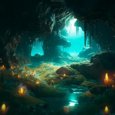 洞窟の青白い光と清流の写真