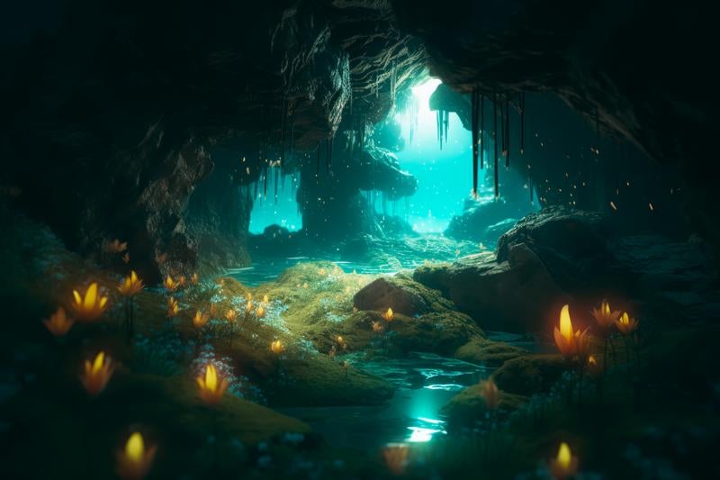 洞窟の青白い光と清流の写真