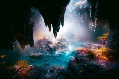地下の鍾乳洞と神秘的な水の世界の写真