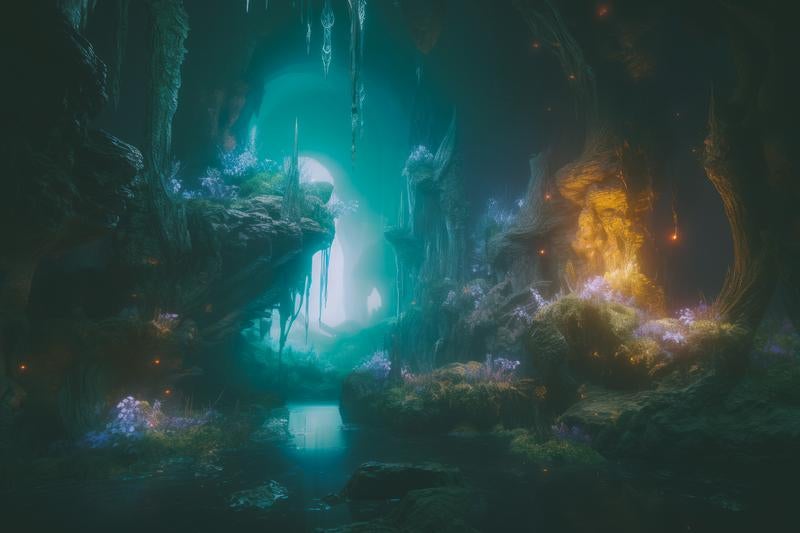 洞窟の中の光と影 青白い神秘の探求の写真