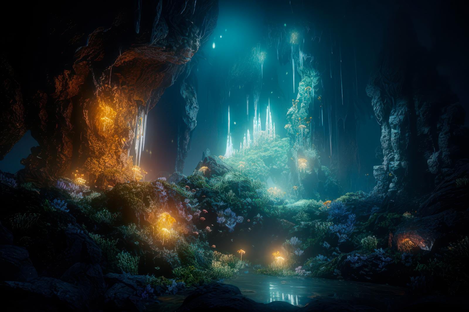 発光する苔や植物に覆われた神秘的な地下洞窟の湖の風景