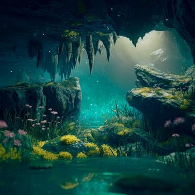 深淵の中の静けさ 鍾乳洞と地下湖 青緑に輝く地下水源の写真