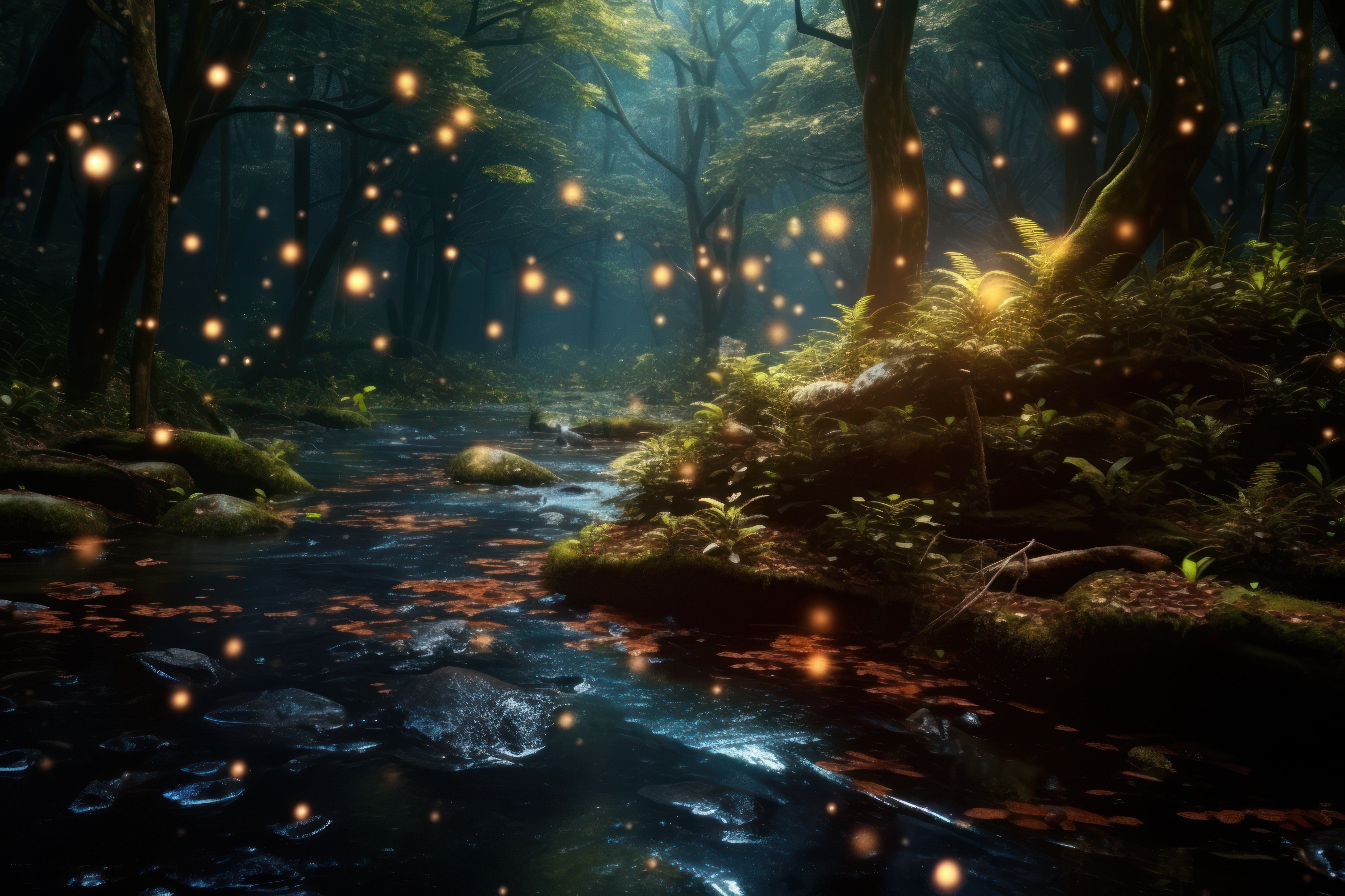 抽象的な自然風景写真 渓流の夜と蛍の光、神秘的な風景の無料のAI画像素材 - ID.87221