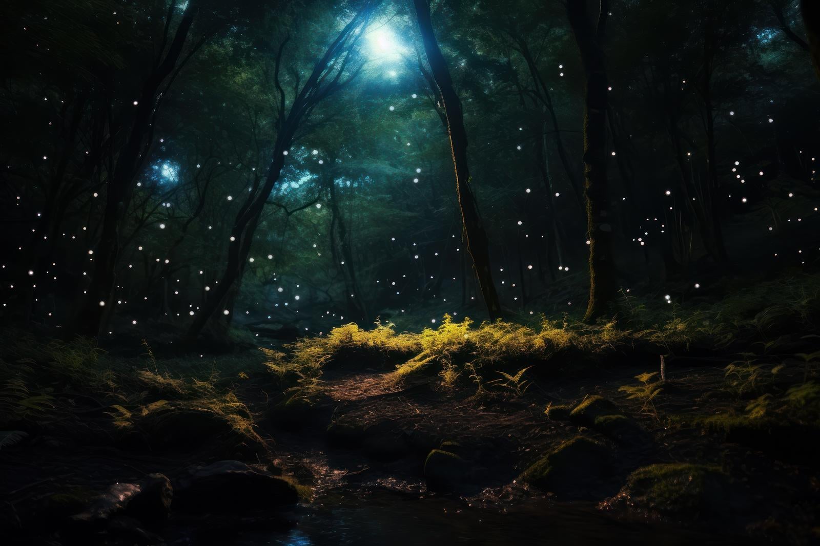 「森の中の幻想的な光と夜」の写真
