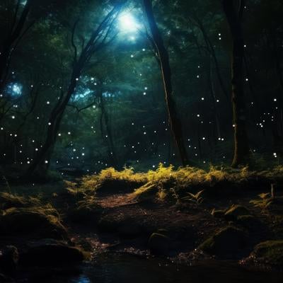 森の中の幻想的な光と夜の写真